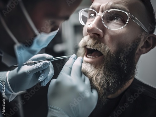 Ein Mann der vor der ärztlichen Untersuchung ein wenig Angst hatmit einem Zahnarzt in der Zahnarztpraxis, Generative AI..