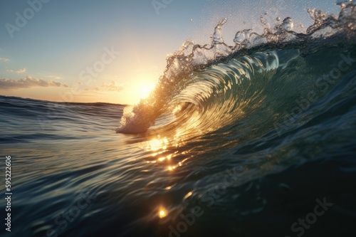 Translucent Curling Ocean Wave at Sunset Sunrise Background Image 
