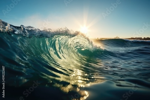Translucent Curling Ocean Wave at Sunset Sunrise Background Image   © DigitalFury