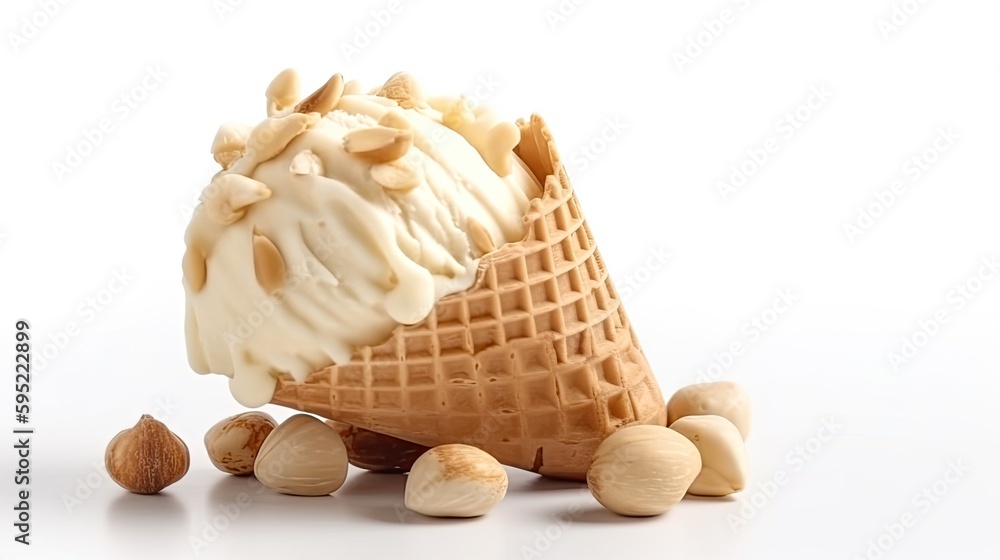 White chocolate macadamia nut ice cream in a waffle cone with chopped
