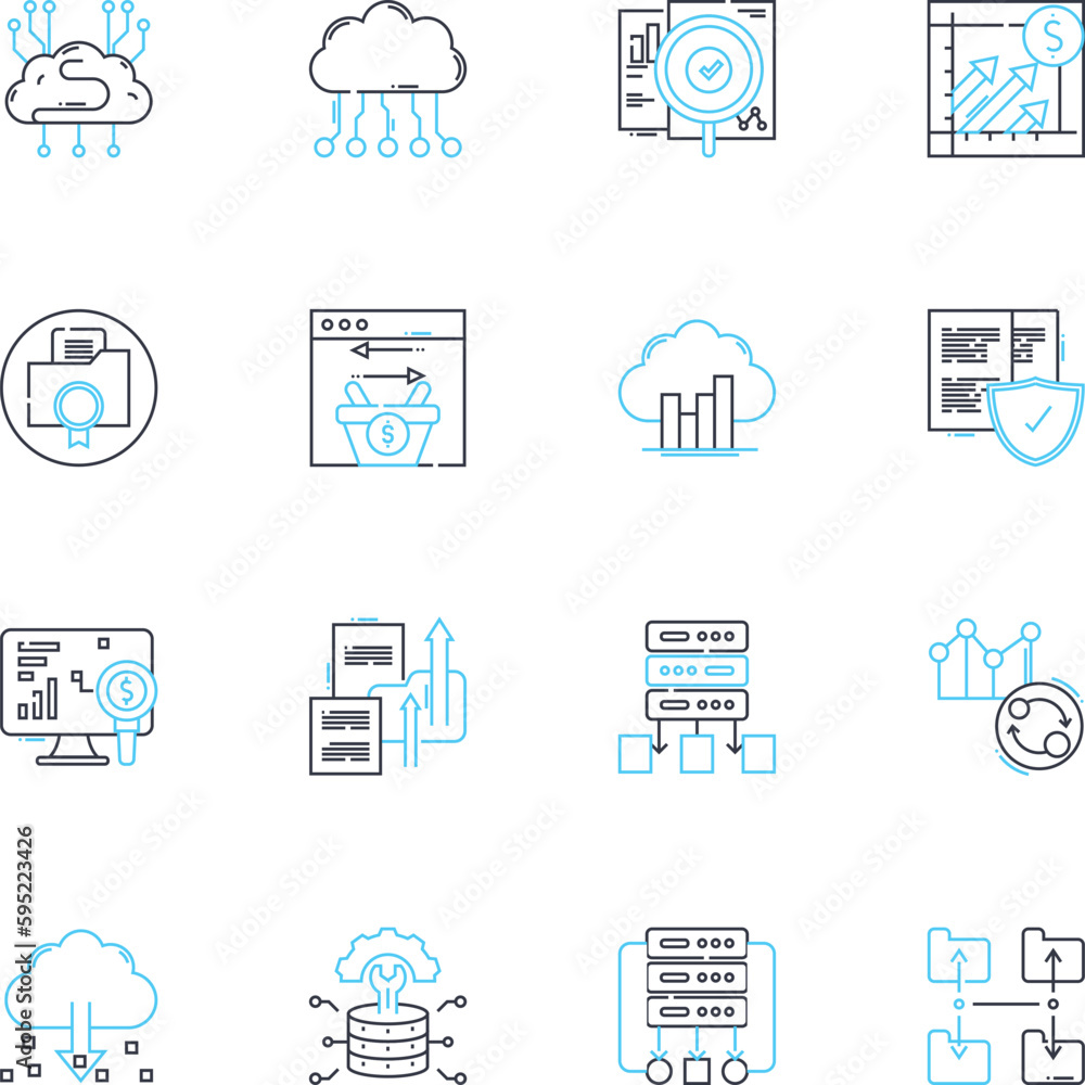 Sales monitoring linear icons set. Insights, Analysis, Metrics, Forecasting, Performance, Targets, Quotas line vector and concept signs. Conversion,Pipeline,Productivity outline illustrations