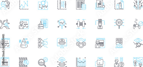 Financial reporting linear icons set. Transparency, Accuracy, Accountability, Consolidation, Disclosure, Compliance, Analysis line vector and concept signs. Regulation,Framework,Standards outline