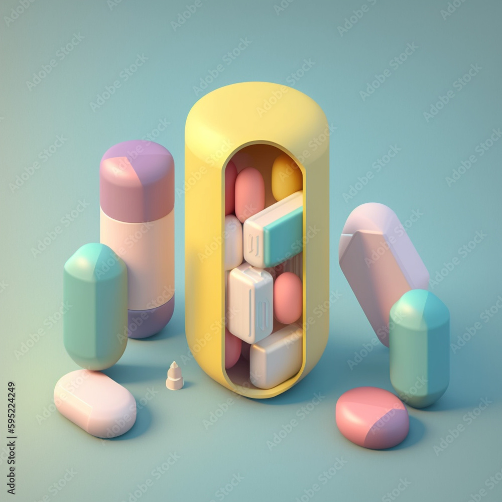 Pigułka antybiotyku - izometria, ilustracja, pastele, zdrowie - Antibiotic pill - isometric, illustration, pastel, health - AI Generated - obrazy, fototapety, plakaty 