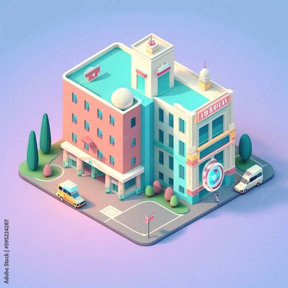 Izometryczny szpital - budynek - ilustracja 3, pastelowa - Isometric hospital - building - illustration 3, pastel - AI Generated - obrazy, fototapety, plakaty 