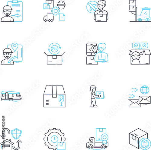 Freight forwarding linear icons set. Shipping, Logistics, Transportation, Cargo, Carrier, Warehousing, Import line vector and concept signs. Export,Customs,Brokerage outline illustrations