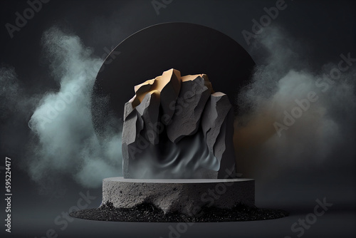 Fountain granite stones on round rim podium platform with smoke fog surrounding. With copy text space. Mock up template for product presentation