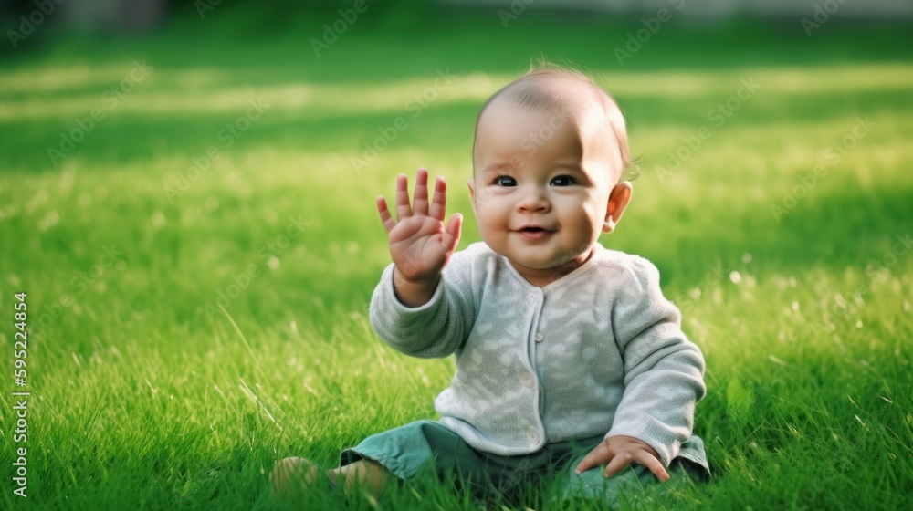 Closeup of happy baby waving hello sitting on green grass lawn. Generative AI Closeup of happy baby waving hello sitting on green grass lawn. Generative AI