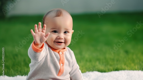 Closeup of happy baby waving hello sitting on green grass lawn. Generative AI