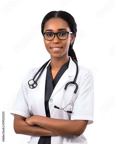 Black Female Doctor in Scrub on White Background