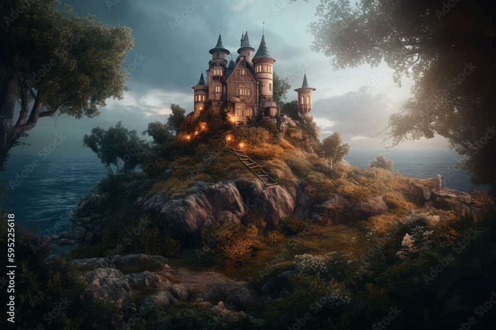 A digital art fairytale background of a fantasy dream world. Generative AI