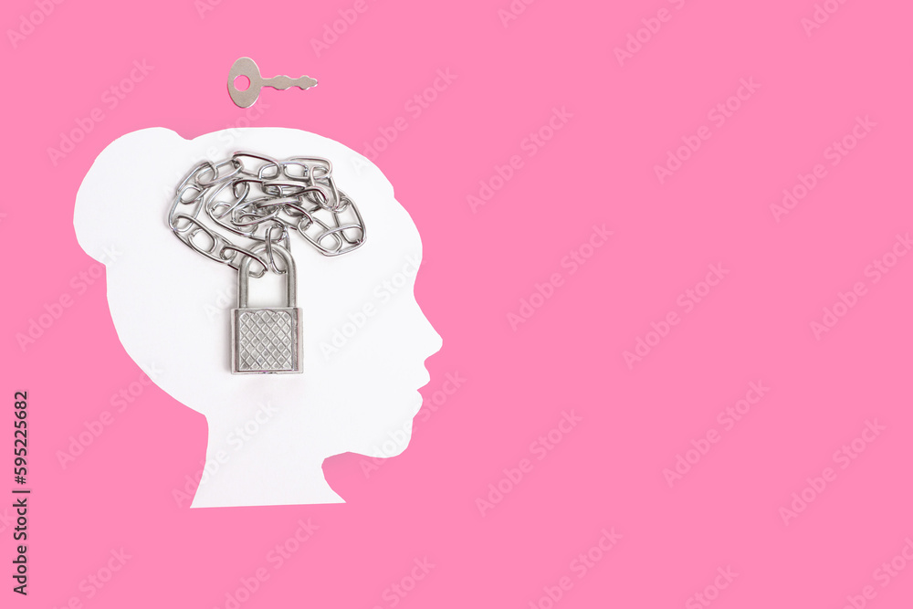 Female Face Profile with Chained Padlock and Key on Pink Female Face Profile with Chained Padlock and Key on Pink