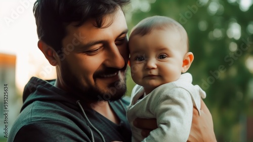 Portrait of happy father holding toddler in the hands. Generative AI