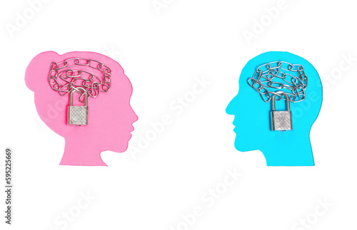 Male and Female Face Profiles with Chained Padlocks