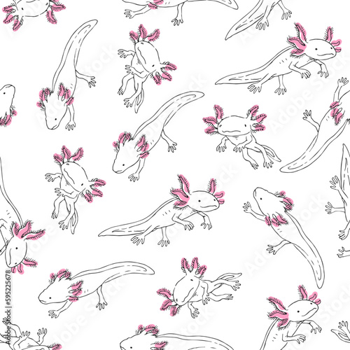 Vector seamless pattern with cute axolotl in sketch style isolated on white background. Hand drawn color texture with funny animal.