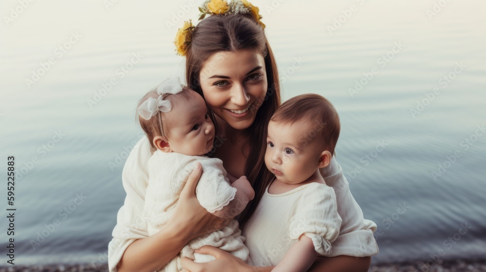Mother holding daughters with yellow headbands on the beach all in white clothes. Generative AI Mother holding daughters with yellow headbands on the beach all in white clothes. Generative AI