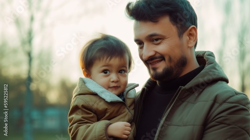 Portrait of happy father holding toddler in the hands. Generative AI