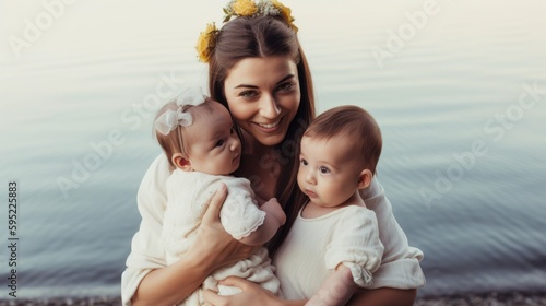 Mother holding daughters with yellow headbands on the beach all in white clothes. Generative AI © Collab Media