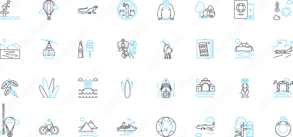 Sustainable tourism linear icons set. Conservation, Ecotourism, Carbon-neutral, Responsible, Green, Preservation, Natural line vector and concept signs. Renewable,Regenerative,Ethical outline