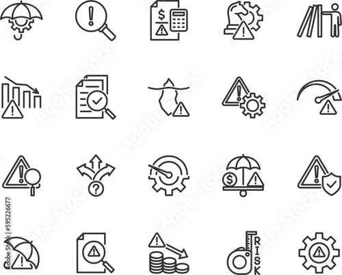 Vector set of risk management line icons. Contains icons risk analysis, loss minimization, investment plan, management decision, risk assessment, audit and more. Pixel perfect. photo