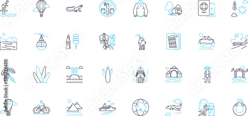 Sustainable tourism linear icons set. Conservation  Ecotourism  Carbon-neutral  Responsible  Green  Preservation  Natural line vector and concept signs. Renewable Regenerative Ethical outline