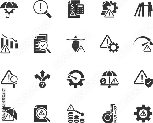 Vector set of risk management flat icons. Contains icons risk analysis, loss minimization, investment plan, management decision, risk assessment, audit and more. Pixel perfect.