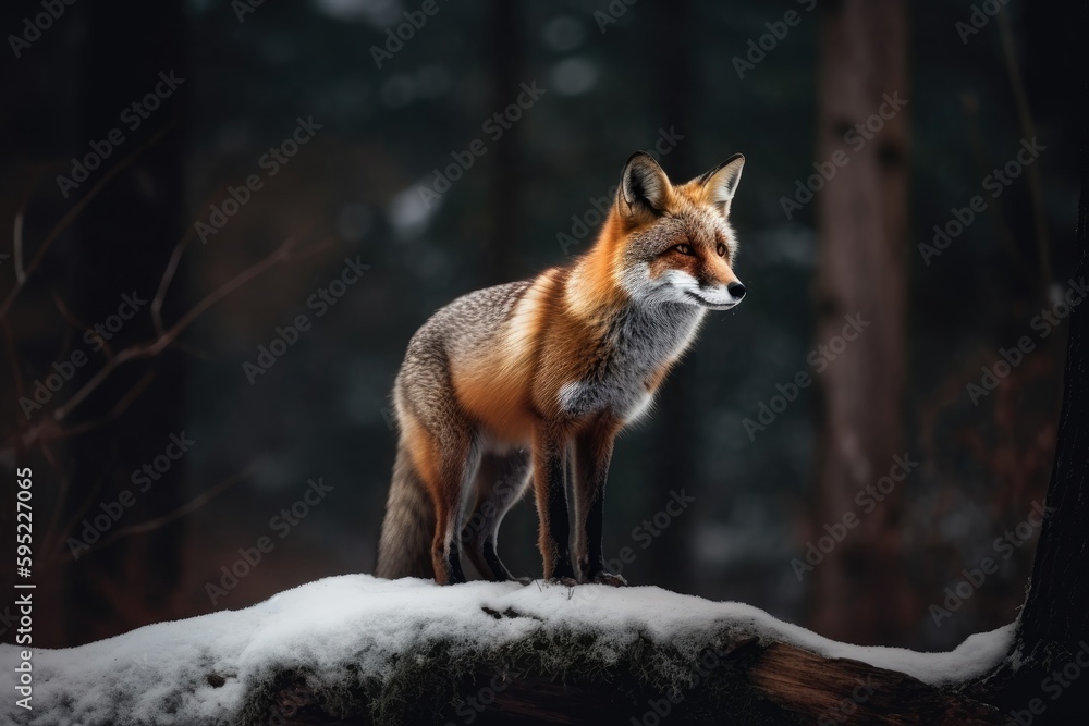 Obraz premium Fox sitting on a treestomp in a winter scene. Wildlife photo created using generative AI tools