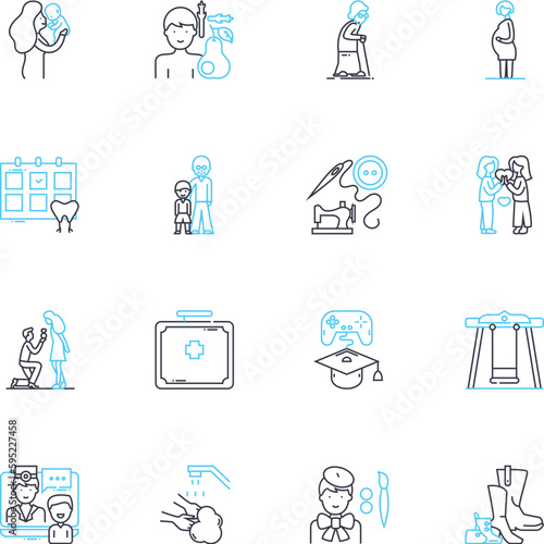 Sisterhood linear icons set. Unity, Bonding, Support, Friendship, Empathy, Connection, Loyalty line vector and concept signs. Encouragement,Understanding,Kindness outline illustrations