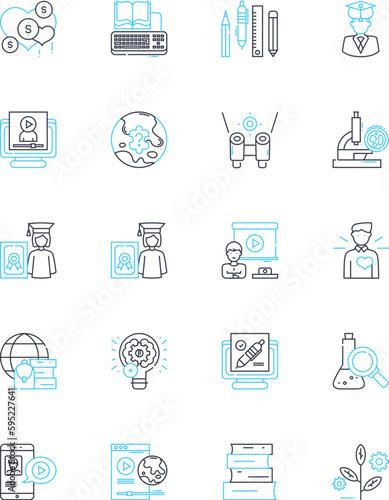 Web-based learning linear icons set. E-Learning, Podcasting, Online education, Virtual classroom, Blended learning, Webinar, Gamification line vector and concept signs. Interactive,Distance learning