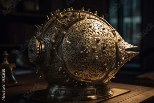 Elaborate pufferfish astrolabe in gold and silver for navigation and aesthetics. Generative AI
