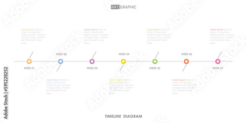timeline weekly schedule roadmap project diagram Infographic template for business. 7 week  modern Timeline schedule diagram with presentation vector timeline roadmap infographic.