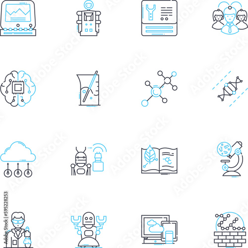 Innovative machinery linear icons set. Automation, Robotics, Precision, Cutting-edge, Futuristic, Advanced, Efficiency line vector and concept signs. Creative,Ingenious,Novelty outline illustrations