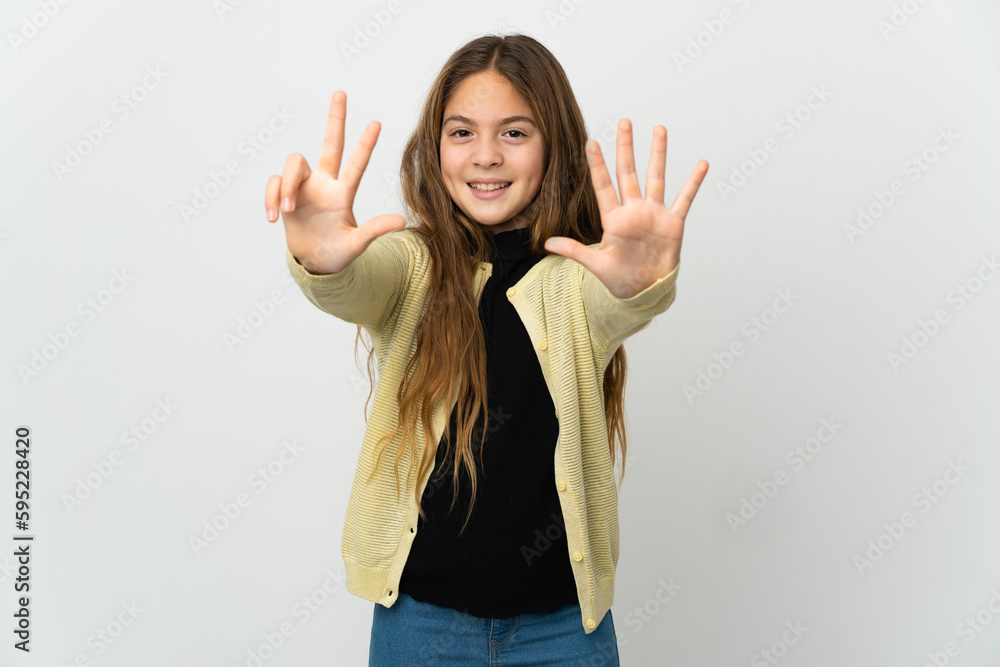 Little girl over isolated white background counting eight with fingers Little girl over isolated white background counting eight with fingers