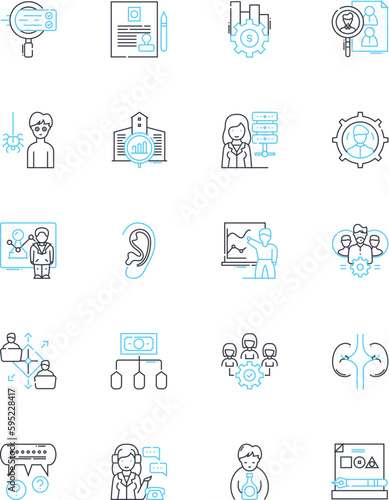 Legal equality linear icons set. Justice, Equity, Fairness, Rights, Equality, Inclusivity, Non-discrimination line vector and concept signs. Parity,Empowerment,Advocacy outline illustrations