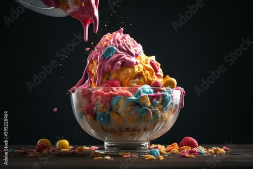 A colorful ice cream sundae in motion. Generative AI