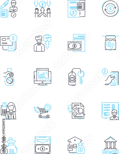 Investment strategy linear icons set. Diversification, Risk, Portfolio, Allocation, Asset, Returns, Yield line vector and concept signs. Trends,Volatility,Equities outline illustrations
