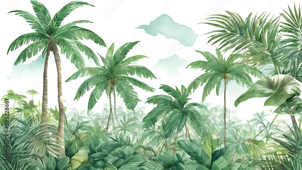 Fototapeta Palm trees in a jungle forest. decorative watercolor painting, landscape. Generative Ai
