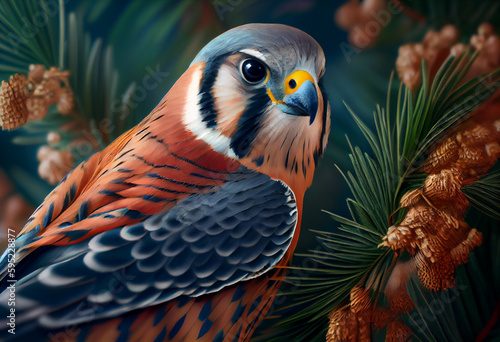 Beautiful abstract, American Kestrel on autumn leaves background. Generative AI technology. photo