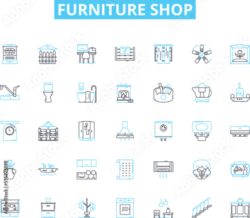 Furniture shop linear icons set. Sofas, Chairs, Tables, Beds, Dressers, Bookcases, Ottomans line vector and concept signs. Recliners,Desks,Cabinets outline illustrations