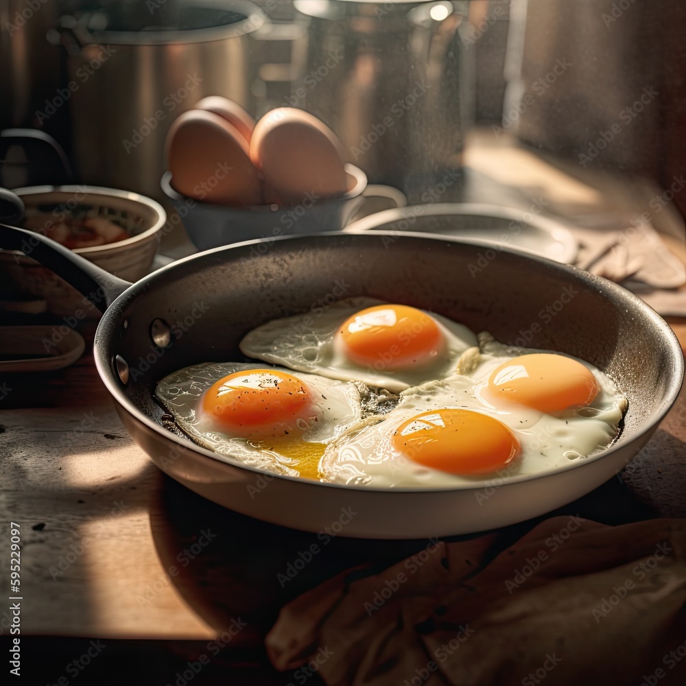 Fried eggs in a pan in front of a kitchen background created using generative AI tools Fried eggs in a pan in front of a kitchen background created using generative AI tools