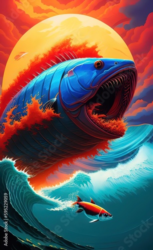 Seascape in red and blue tones with aggressive predatory fish