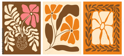 A set of abstract posters. Fashionable floral drawings for the interior, paintings, postcards, tee print in the hippie style. Modern naive groovy funky decor. Flat vector retro illustrations.