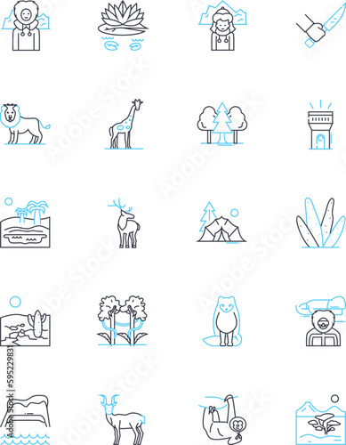 Ecosystem linear icons set. Biodiversity, Sustainability, Habitat, Species, Resilience, Interdependence, Niche line vector and concept signs. Biomass,Photosynthesis,Trophic outline illustrations