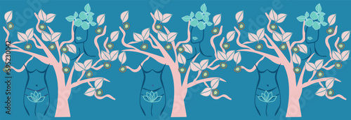 Woman shape near the tree vector seamless pattern