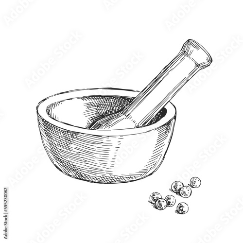 Vector hand-drawn illustration of a mortar and pestle for spices in the style of engraving. Sketch of pepper peas and grinding tools.