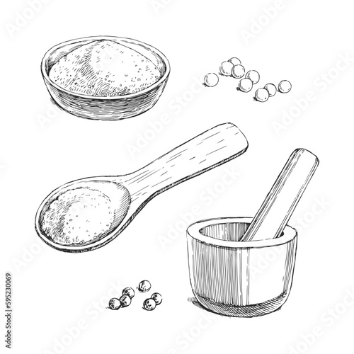Vector hand-drawn illustration with peppercorns and ground pepper with kitchenware. A mortar with a pestle and cooking utensils. Sketch with spices in a bowl and a wooden spoon.