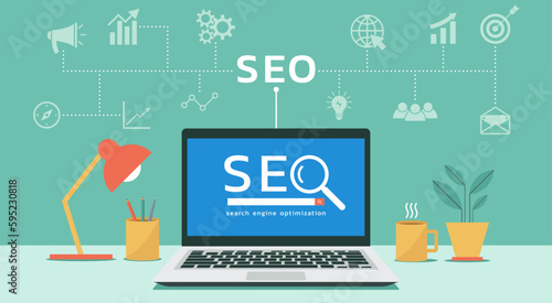 SEO search engine optimization with business strategy icons for social media content and advertisement from website showing on laptop computer screen, vector flat illustration