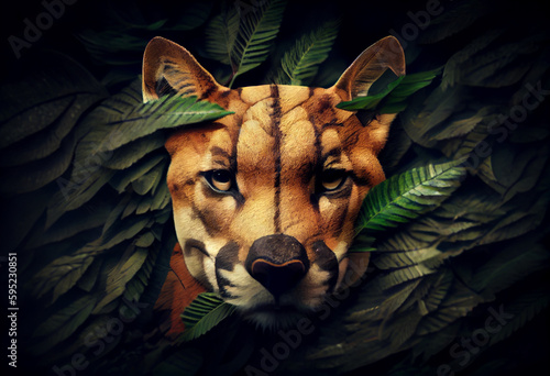 Beautiful abstract, Tasmanian Tiger on autumn leaves background. Generative AI technology. photo