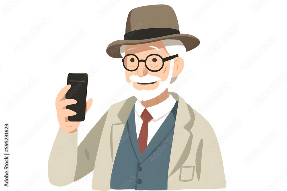 Smiling old man with a hat, glasses and beard holding a phone in his hand, illustrated