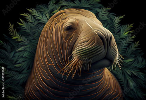 Beautiful abstract, Pacific Walrus on autumn leaves background. Generative AI technology. photo