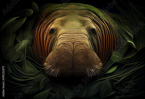 Beautiful abstract, Pacific Walrus on autumn leaves background. Generative AI technology. photo